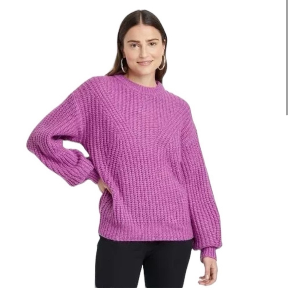 A New Day Size large Purple cable knit Crewneck Pullover Sweater